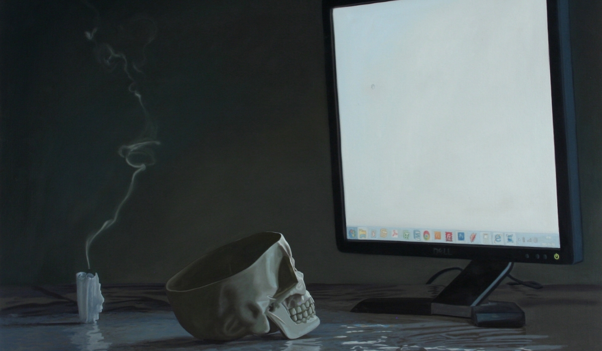 Artwork Memento Vastum by Julien Boily. Oil painting showing a human skull turned towards a blank computer monitor.
