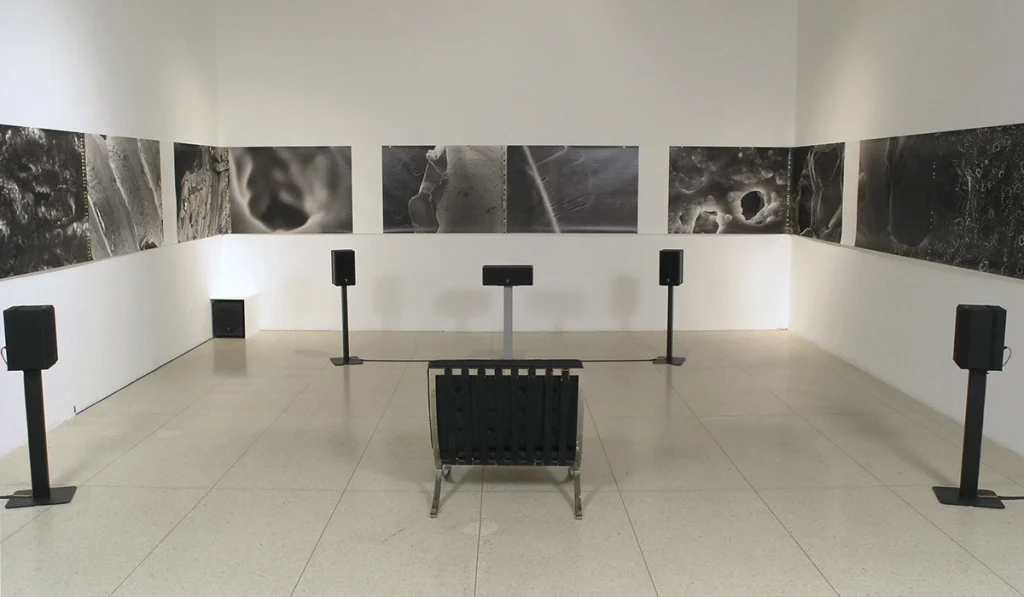 Image de l'œuvre Sweeping Spirals, par AE. Installation composée de haut-parleurs, de photographies accrochées au mur et d'une chaise. Réalisée de 2003 à 2006.