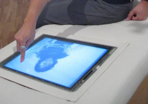 Personne interagissant avec une tablette numérique, sur laquelle se trouve l'image d'une femme. Œuvre Digitale par Alexandre Castonguay. Réalisée entre 2003-2004.