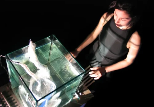 Image d'une spectatrice interagissant avec l'œuvre Totem sonique, par Martin Leduc. Installation sonore interactive, réalisée en 2005-2006.