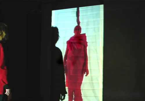 Photo d'une spectatrice devant l'œuvre Formica, par Philomène Longpré. Installation interactive, vidéo. Réalisée en 2007. Présentée lors de l'exposition Formica à la Parisian Laundry, Montréal.